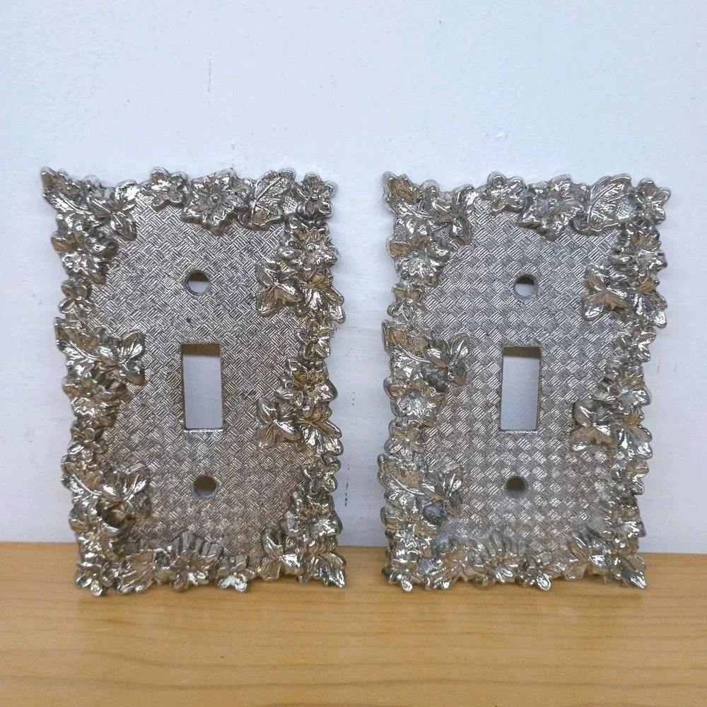 2 Vintage Light Switch Plate Covers 75T Floral Silver American Tack Hardware Co